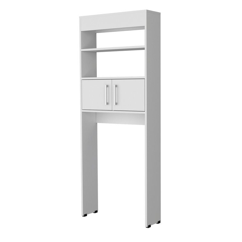 Armoire de rangement blanche à 2 portes au-dessus de la toilette avec tablettes ouvertes, esthétique moderne pour l'organisation de la salle de bain, utilisation judicieuse de l'espace vertical, hauteur de 63 pouces autoportante pour répondre aux besoins, organiser