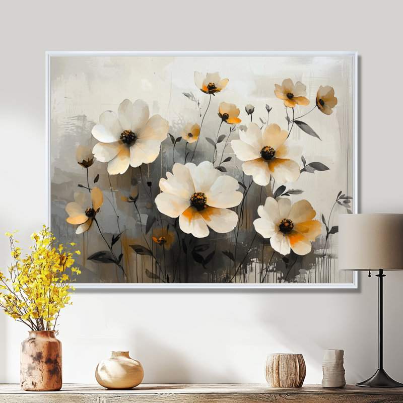 Jabri Golden Zinnias, H 30 po x l 40 po, Impression encadrée flottante, Blanc
