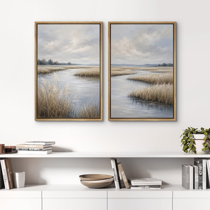 «Serene Blue Marshland with Water and Reeds», reproduction d'art sur toile encadrée pour chambre principale, 2 pièces