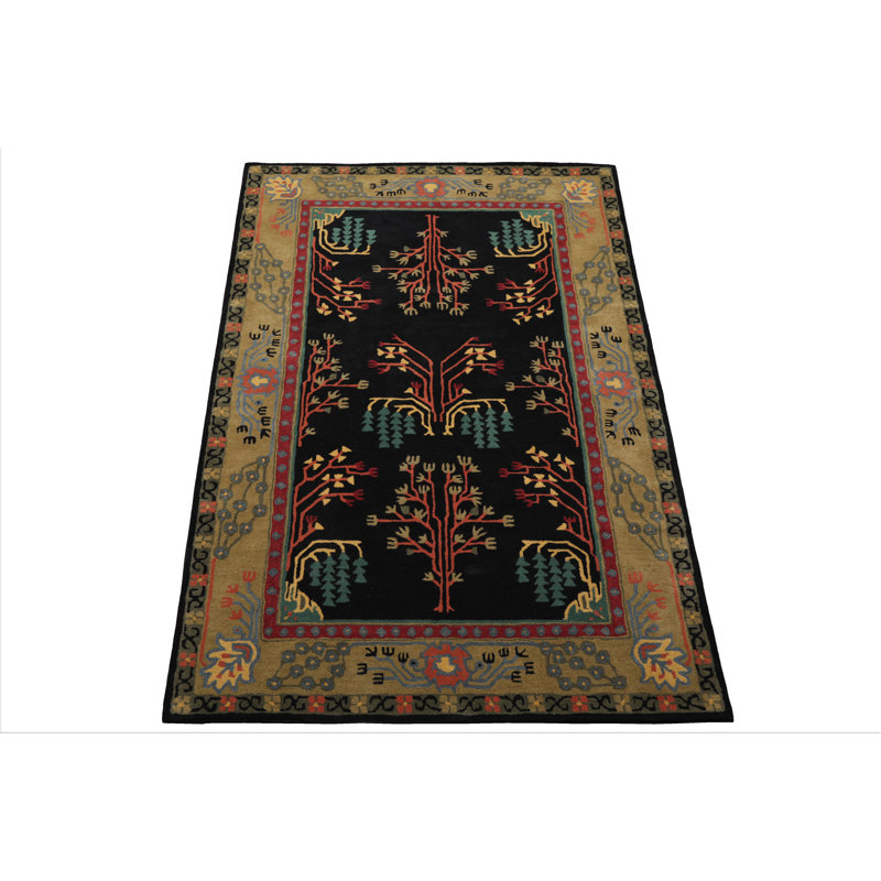 Tapis noir multicolore en laine touffeté à la main, Rectangle de 5 pi x 8 pi