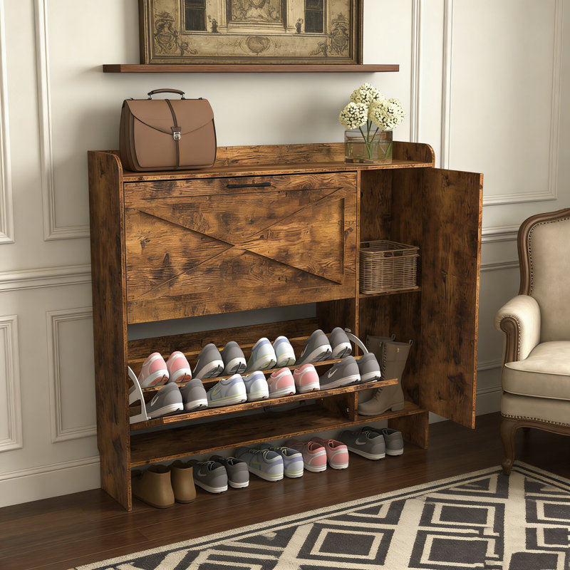 Armoire de rangement pour chaussures mince avec tiroirs rabattables, porte miroir et compartiments réglables pour l'organisation du vestibule.