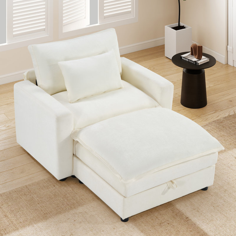 46" Wide Modern Soft Chenille Upholstered Chair And A Half With Storage Ottoman, White