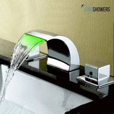Juno Brass Chrome Waterfall Faucet with Double Handles and LED Color Changing Lights