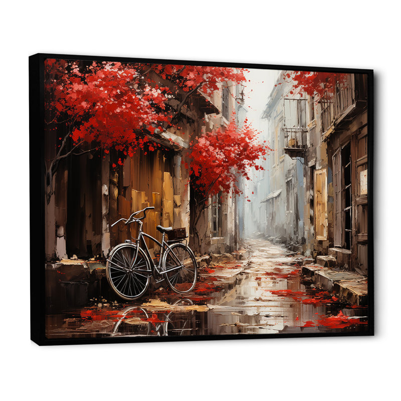 Crimson Ride Red Flowers I - Art mural de bicyclette pour le salon, H 12 po x l 20 po x P 1 po, Cadre flottant noir