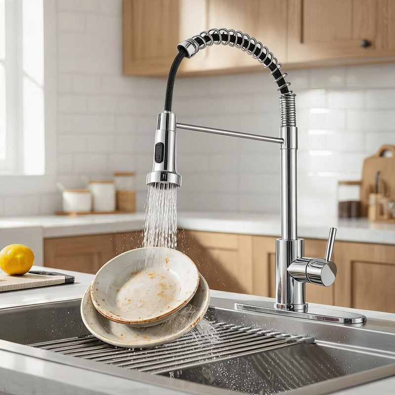 Robinet de cuisine en acier inoxydable chromé avec douchette rétractable et poignée simple pour lavabo de camping utilitaire et éviers de bar