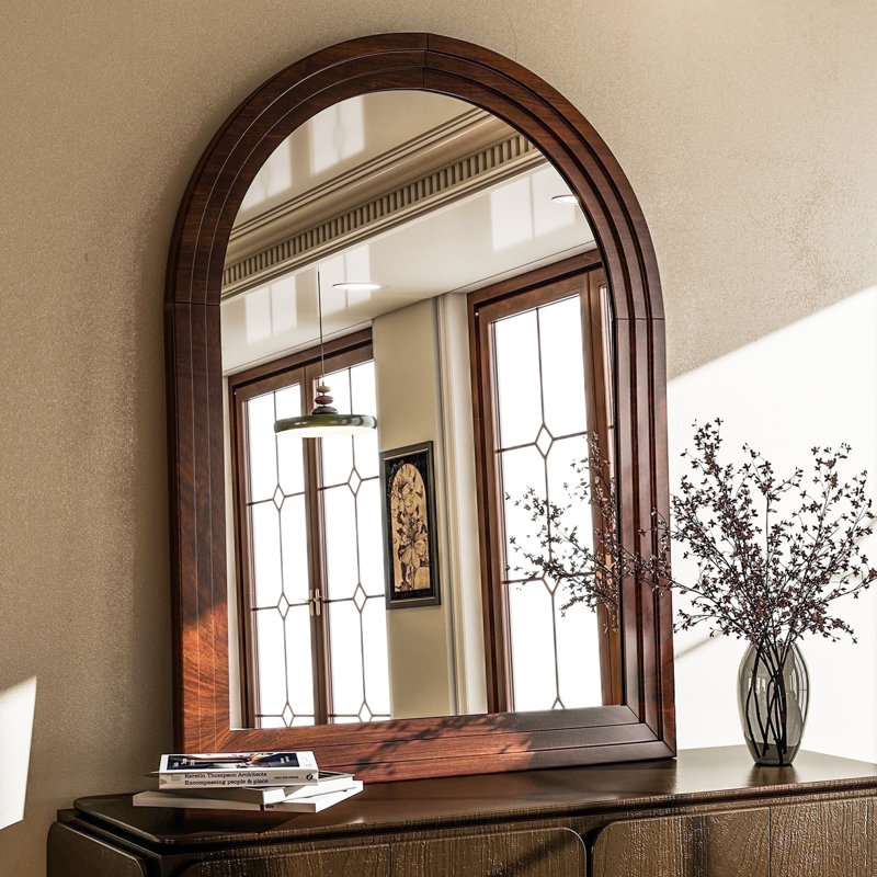 Wood Framed Wall Mirror, 35.4" x 24", Brown Wood