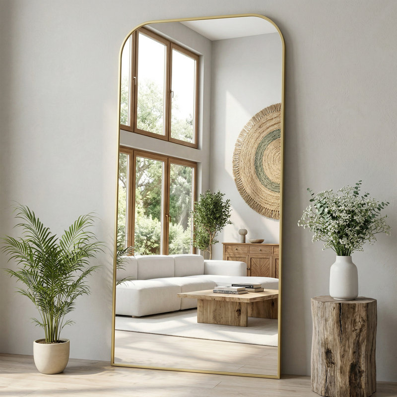 Miroir surdimensionné arqué en métal surdimensionné, Doré, 81 po x 41 po