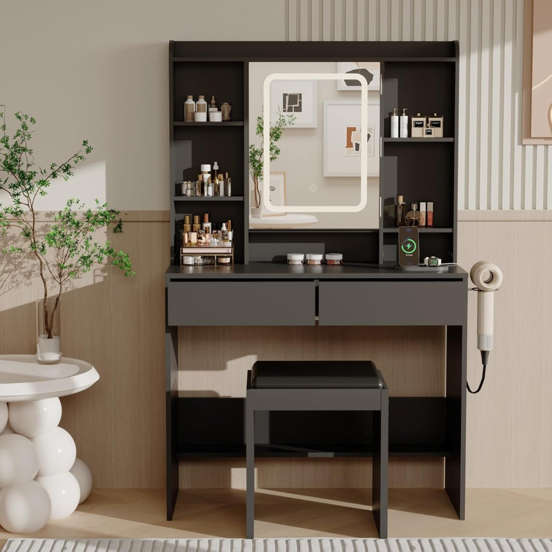 anity Desk with LED Mirror and Lights, Padded Stool, USB Charging, Hairdryer Holder, Storage Drawers, Modern Bedroom Makeup Table