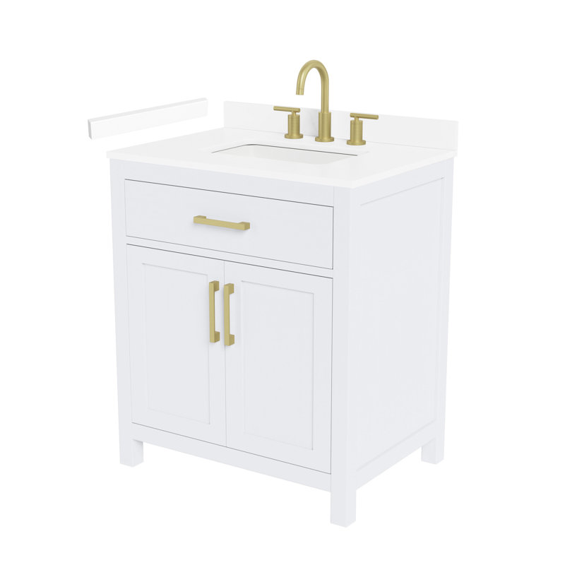 Meuble-lavabo simple 30 po Beckett, Blanc avec garniture or brossé, Comptoir en marbre de culture blanc