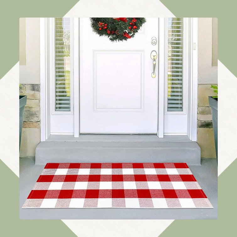 Gracie Oaks Buffalo Plaid Outdoor Rug Grey 27.5 X 43 Inches Cotton  Hand-Woven Checkered Front Door Mat in Gra…
