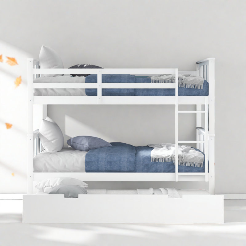Metal Bunk Bed Set With Trundle, Contemporary Style, Iron Frame, White