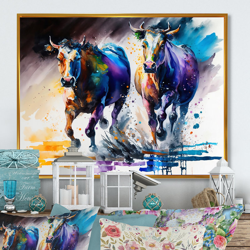 «Cows Runing I», reproduction sur toile, L 32 po x H 16 po, Toile avec cadre flottant or