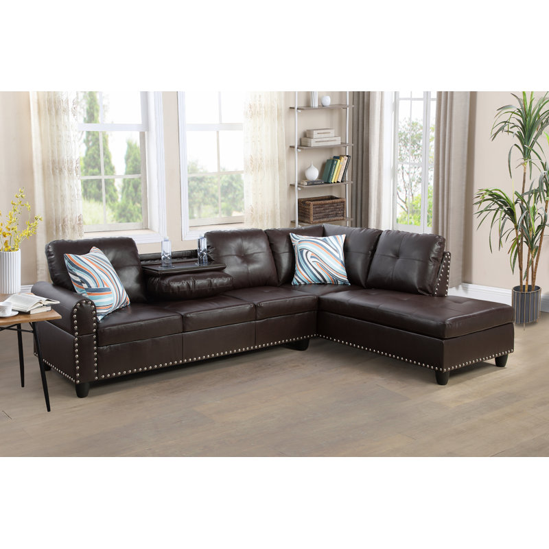 Louvenia Upholstered L-Shaped Sectional, Right Hand Facing, Brown Faux Leather
