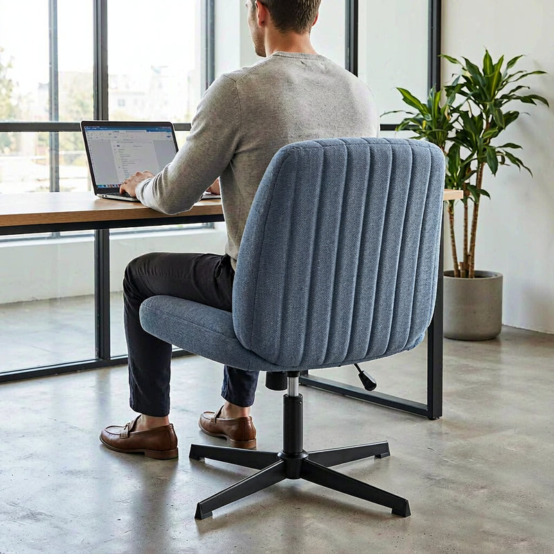 Fauteuil de bureau pivotant sans accoudoirs, chaise de bureau large à pieds croisés avec hauteur réglable et mode berçant