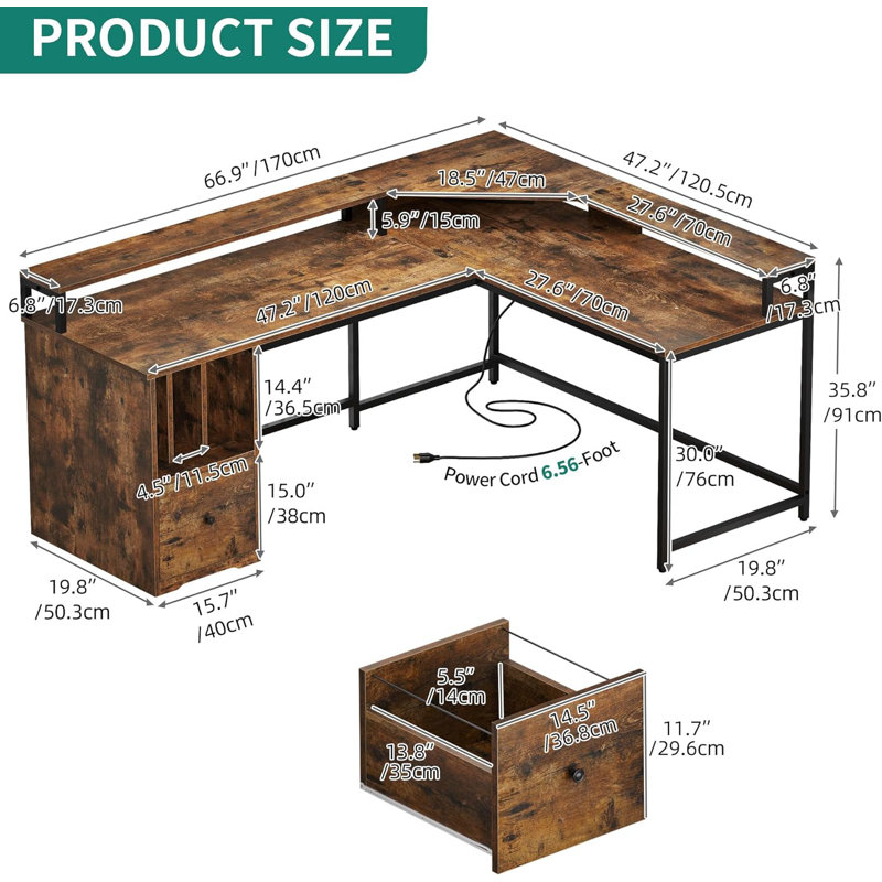 Carneys L-Shaped Metal Base Computer Desk with Power Outlet