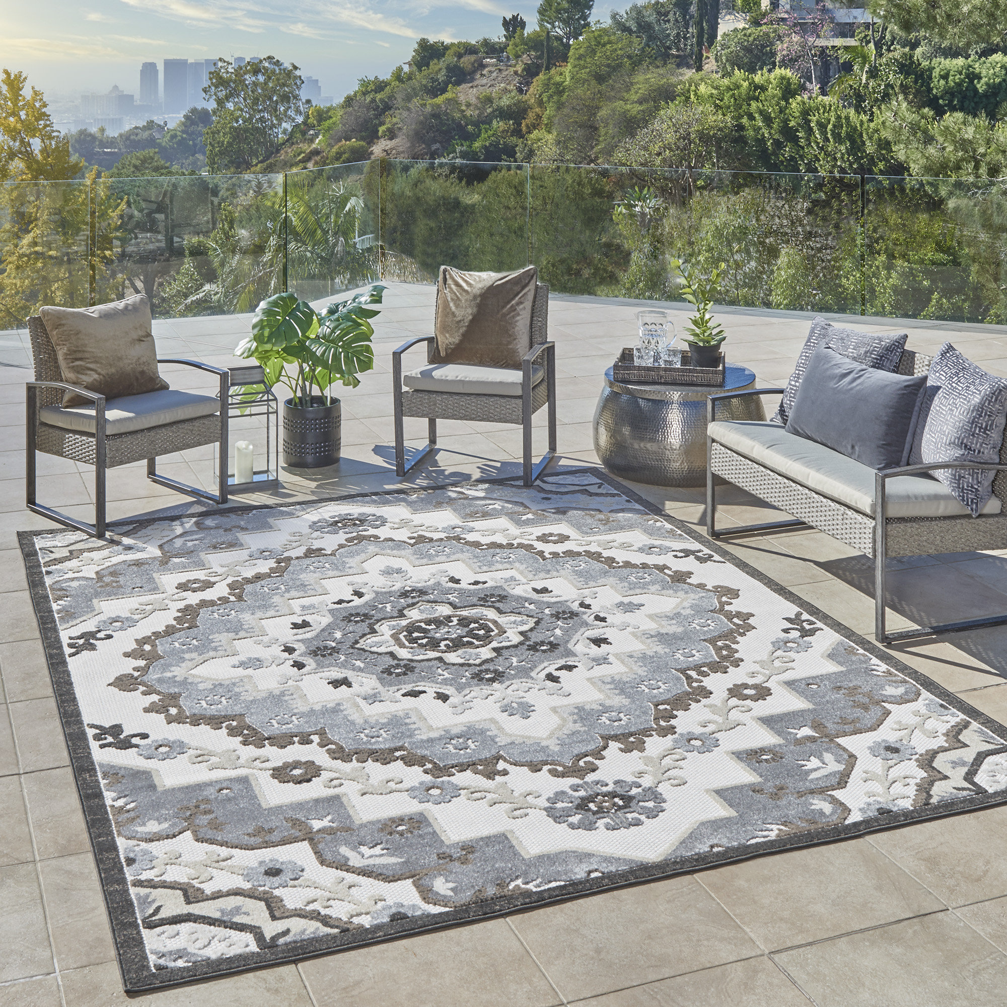 Gertmenian Fosel Arasi Grey/Ivory Transitional Mandala Style Flatweave ...