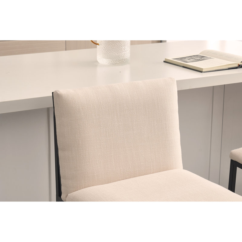 Counter Height Bar Stools Set Of 2, Upholstered Linen Bar Chairs, Metal Footrest And Frame For Kitchen,Dining Room, Ivory