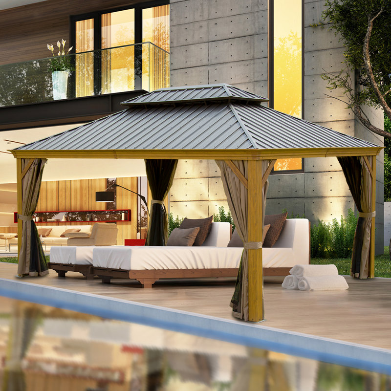 Pavillon de jardin extérieur en aluminium Cavus avec double toit en acier galvanisé, 14 pi x 12 pi