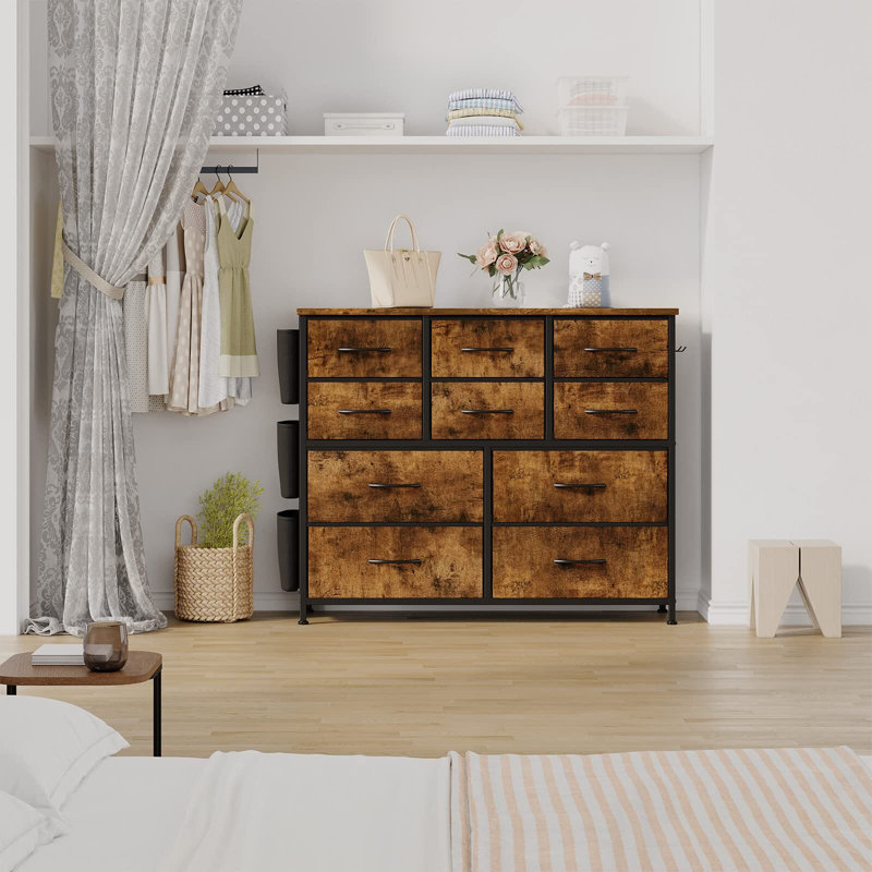 Commode 10 tiroirs, commode pour chambre à coucher avec 10 grands tiroirs de rangement en tissu, Brun rustique