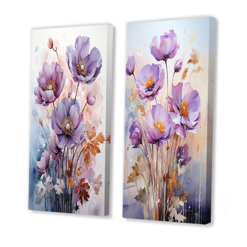 «Mauve Buttercups Mystical Moments» - Ensemble de 2 décorations murales Buttercups, Toile tendue, H 40 po x l 41 po