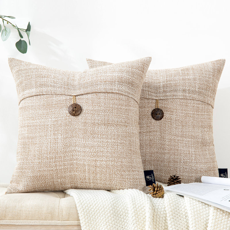 Housse et insert de coussin décoratif en mélange de polyester à bouton unique, Carré 18 po, Beige