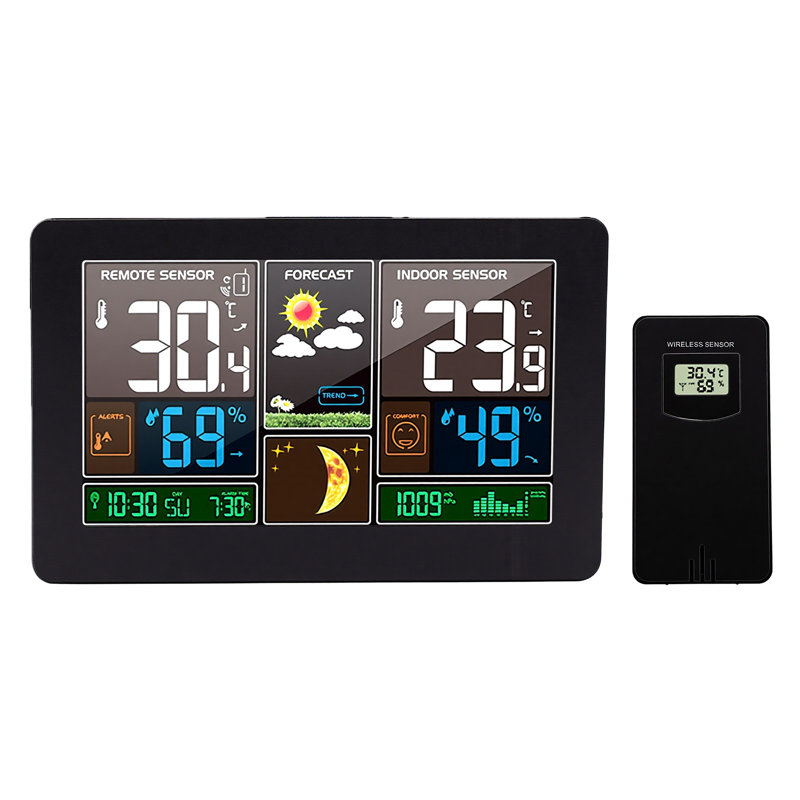 Thermomètre sans fil numérique intérieur/extérieur avec moniteur de température et d'humidité, pression barométrique, horloge atomique, station météo et rétroéclairage réglable