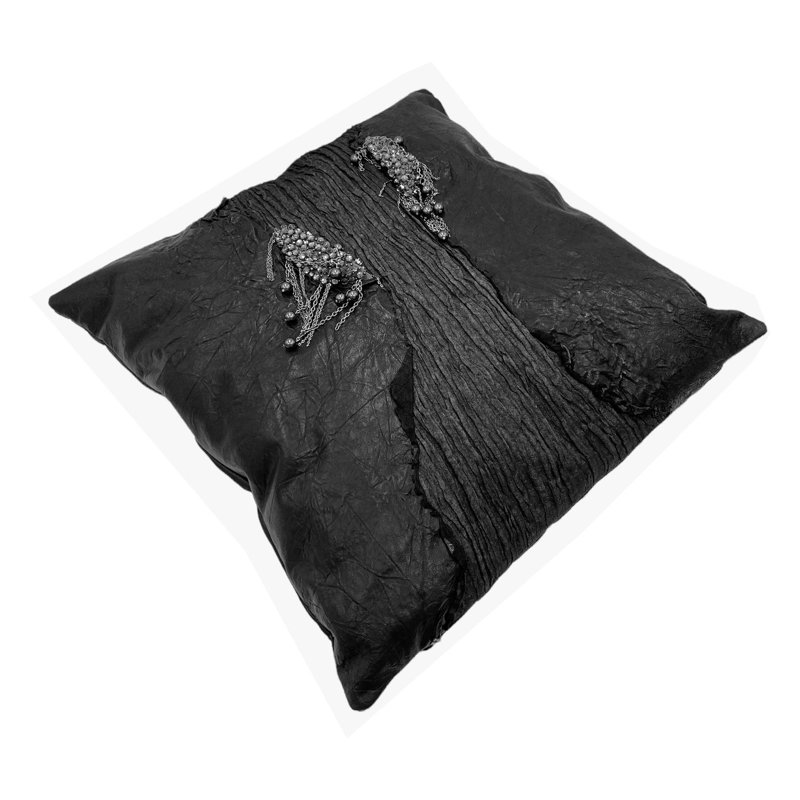 Coussin en cuir véritable froissé noir (vs3)