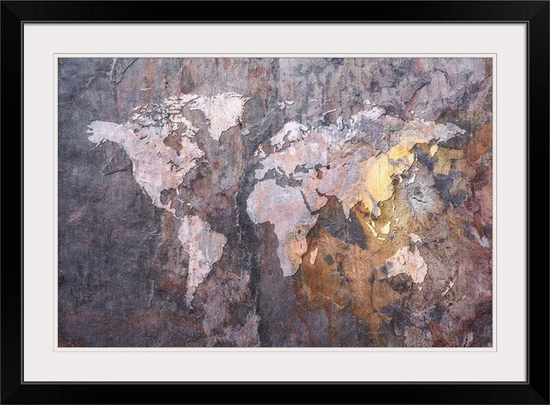 «World Map» par Deschamps, impression, H 24 po x l 32 po x P 1 po, Cadre noir