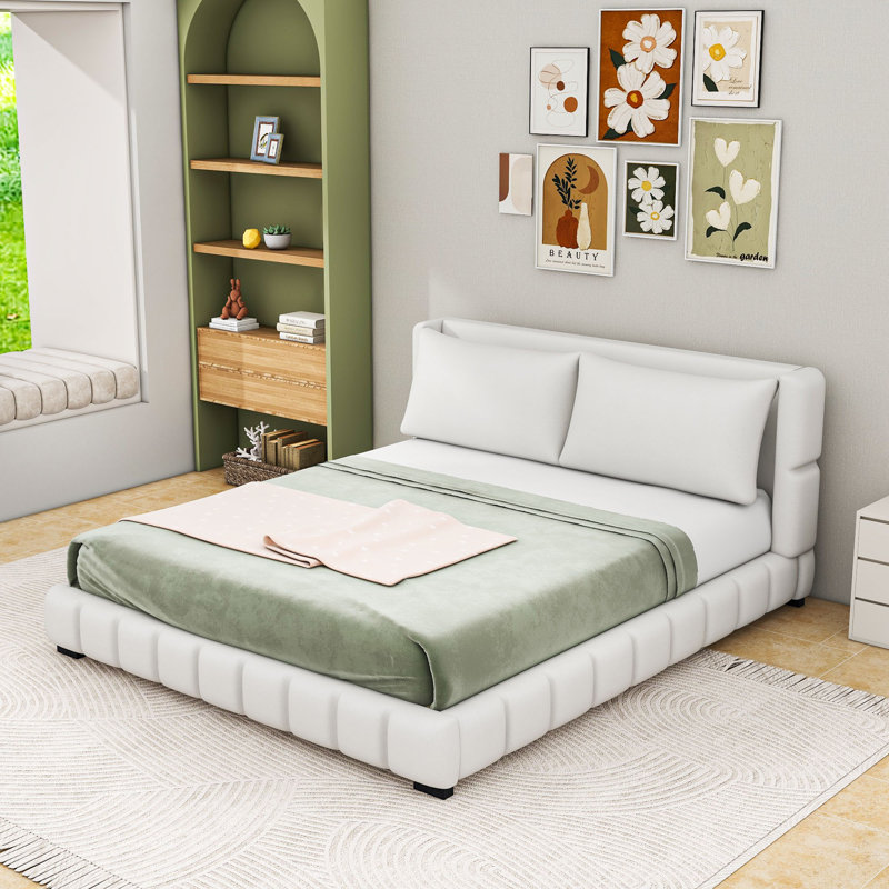Lit plateforme tapissier avec coussins, Blanc, Très grand lit