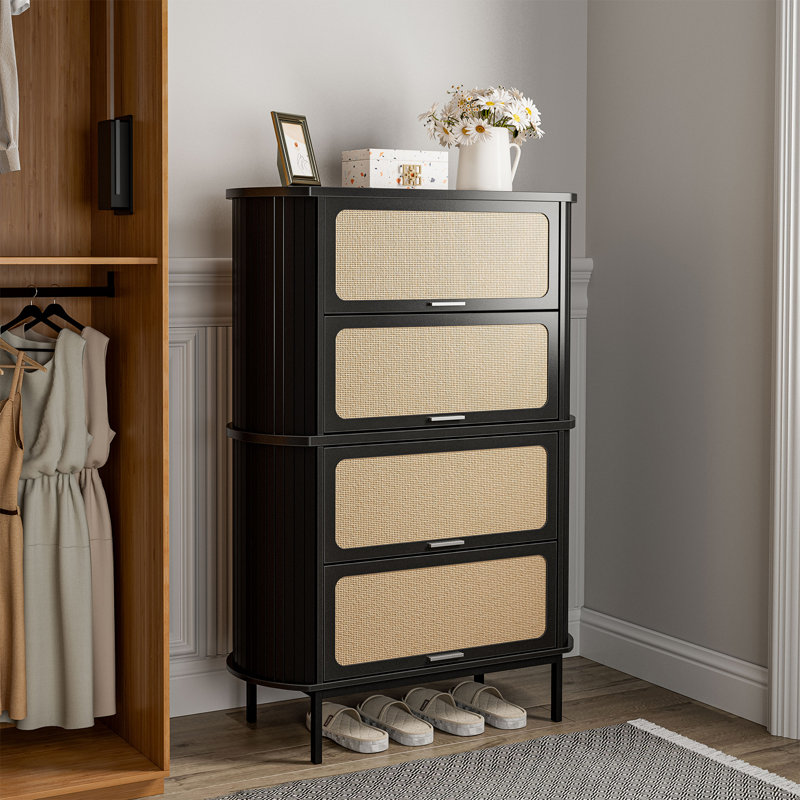 Armoire de rangement pour chaussures Natural Rattan, Noir