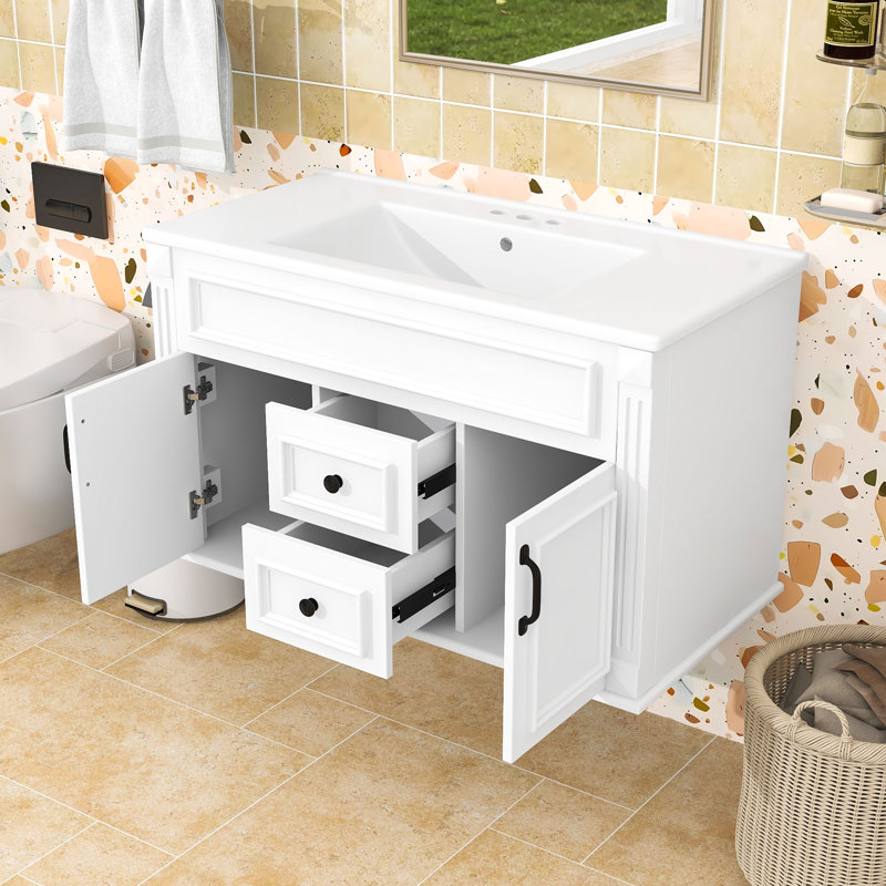Meuble-lavabo flottant mural avec lavabo en céramique, portes et tiroirs à fermeture en douceur, White