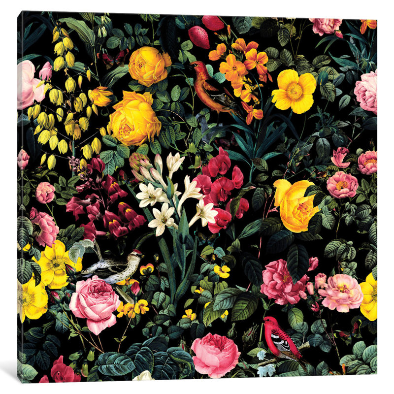 Fleurs et oiseau, impression sur toile tendue, H 18 po x l 18 po x P 1,5 po, Pas de tapis, Toile avec cadre flottant noir