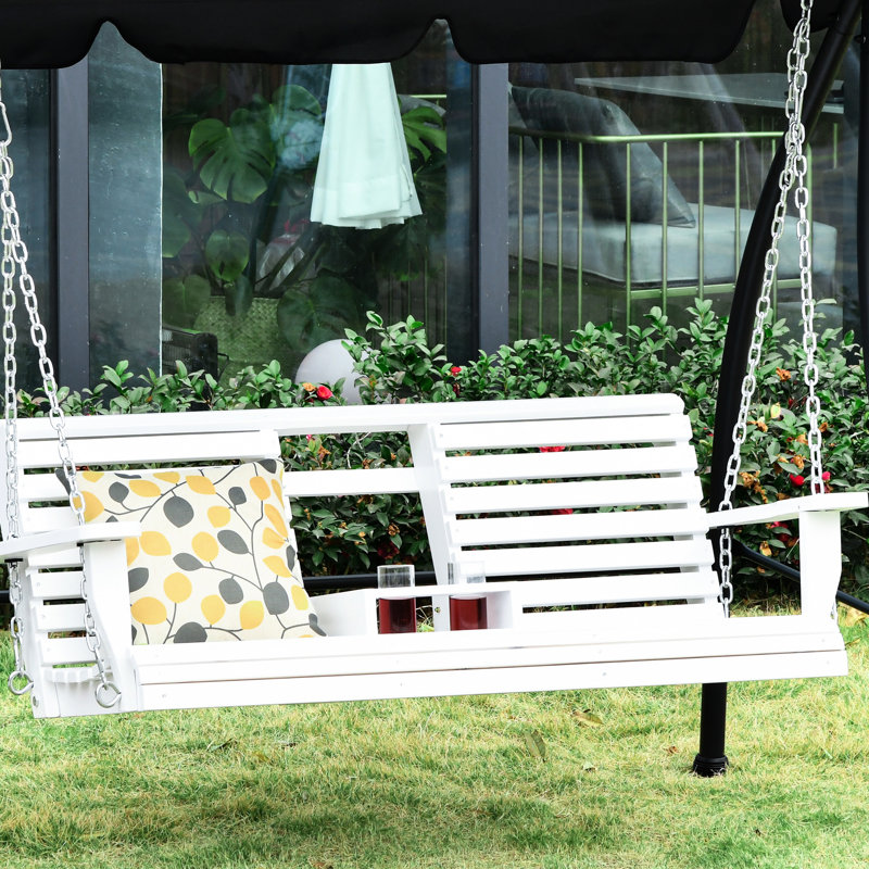 Balancelle de patio blanche 3 avec table basse pliante, porte-gobelets et capacité de charge de 440 lb, cadre en bois 3 porches et aspect