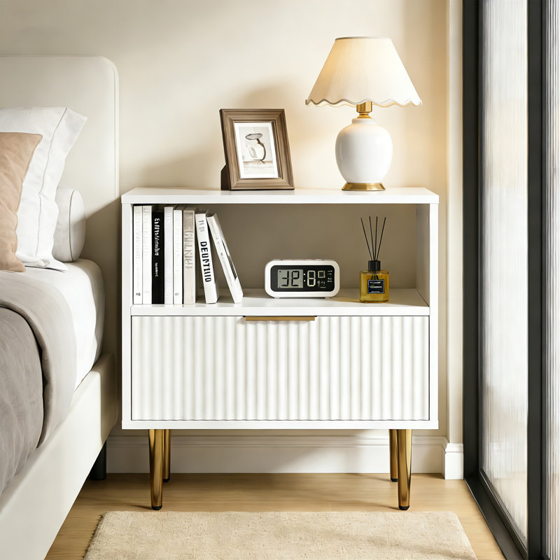 Nightstand With Drawer, End Table With Storage, Bed Side Table With Open Space For Bedroom, Modern Nightstand With Golden Handle, Side Night Stand For Bedroom, Living Room
