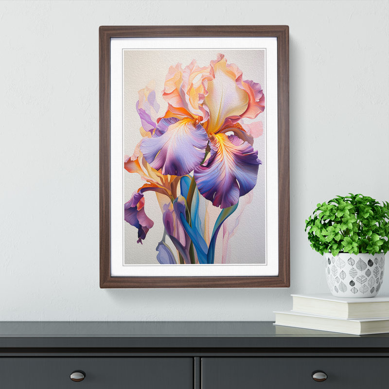 Iris Flower Hard Edge Painting No.2 - Single Picture Frame Print on Wood, 34cm H x 25cm W x 2cm D, Walnut Framed