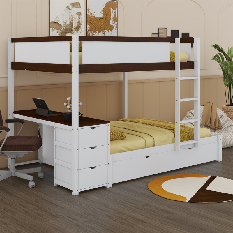 Lit superposé avec lit gigogne et bureau, Lit superposé double sur double, Blanc/noyer