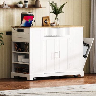 Kitchen Island With Trash Can, Rolling Kitchen Island With Power Outle Rolling Kitchen Islands Cart On 5 Wheels With 3 Drawer, 3 Open Side Racks For 1 by Lark Manor