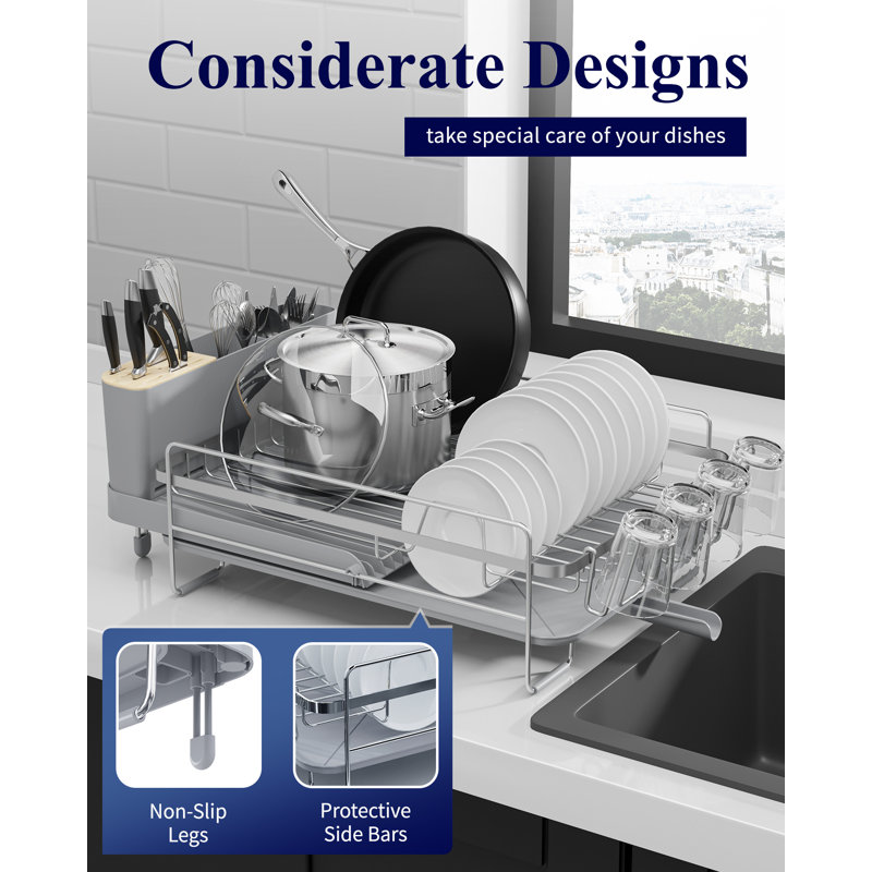 Large Dish Drying Rack - Extendable Dish Rack, Multifunctional Dish Rack for Kitchen Counter, Anti-Rust Dish Drainers with Cutlery & Cup Holders 19.2"-26.7" L x 12.9" W, Sliver