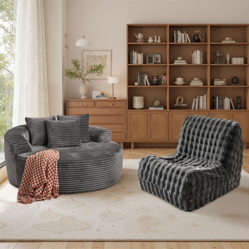 2-Piece 58.3" Wide Oversized Round Chaise And Armless Bean Bag Chair Set, Plush Lounge Seating, No Assembly Required, Gray