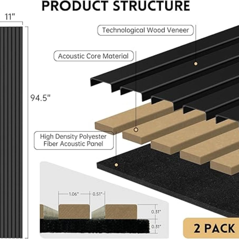2 panneaux d'insonorisation muraux de 92,5 po x 11,02 po, panneaux d'insonorisation pour la maison et le bureau, Noir mat