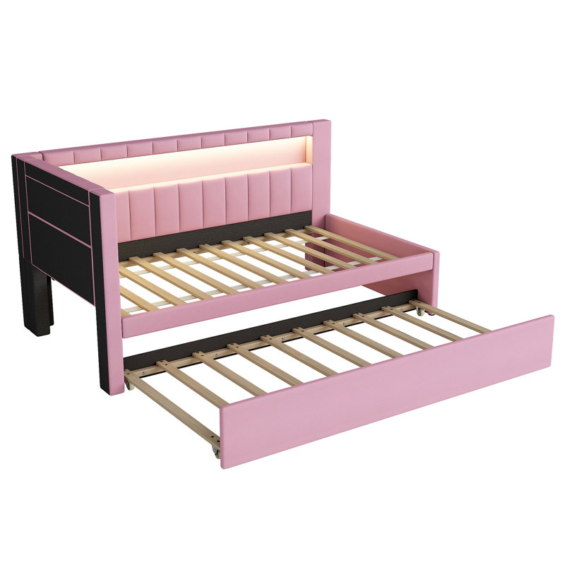Lit plateforme tapissier avec ports USB et ceinture à DEL avec lit gigogne, Rose