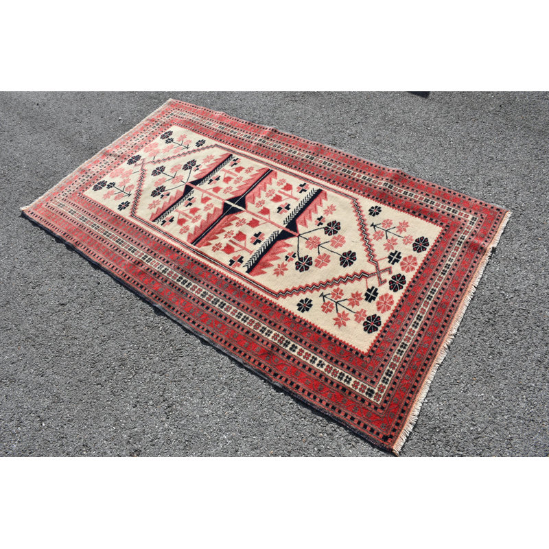 Tapis turc Oushak fait à la main en laine rouge avec motif floral rétro pour décoration rouge / beige