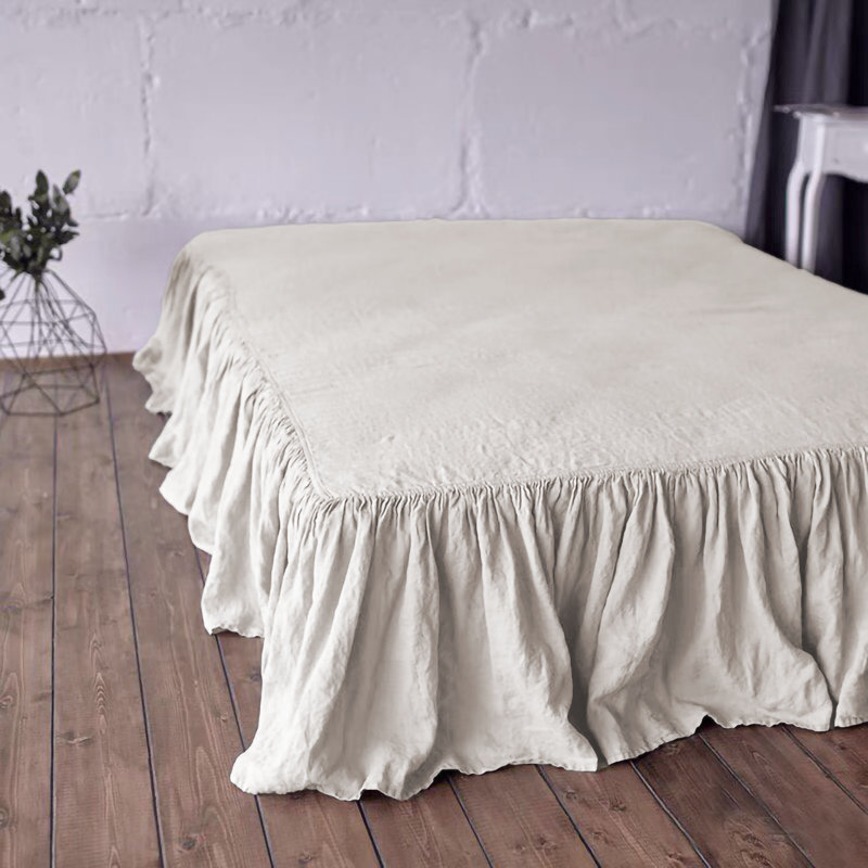 Jupe de lit 100% lin à volants couleur beige, chute de 20 po, Grand lit, Naturel