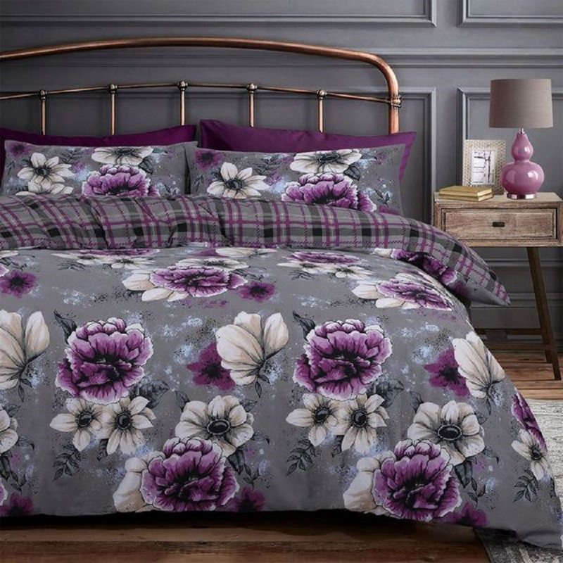 Rasheema Duvet Set, Super King - 2 Standard Pillowcases, Stunning Cassia Floral, Grey/Purple