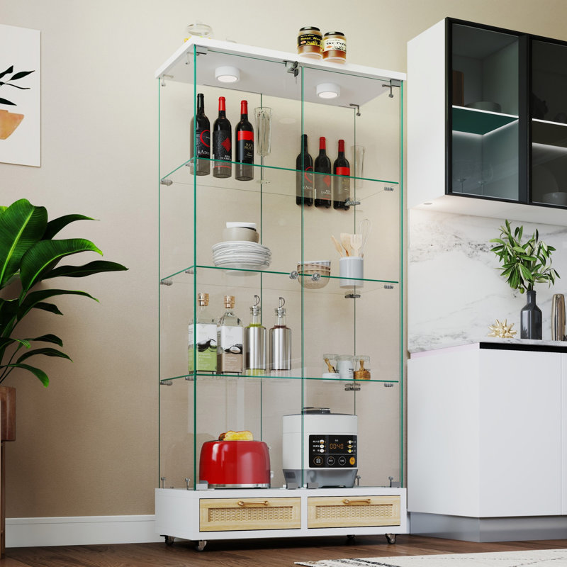 Vitrine moderne en verre avec grands tiroirs, Naturel / Blanc