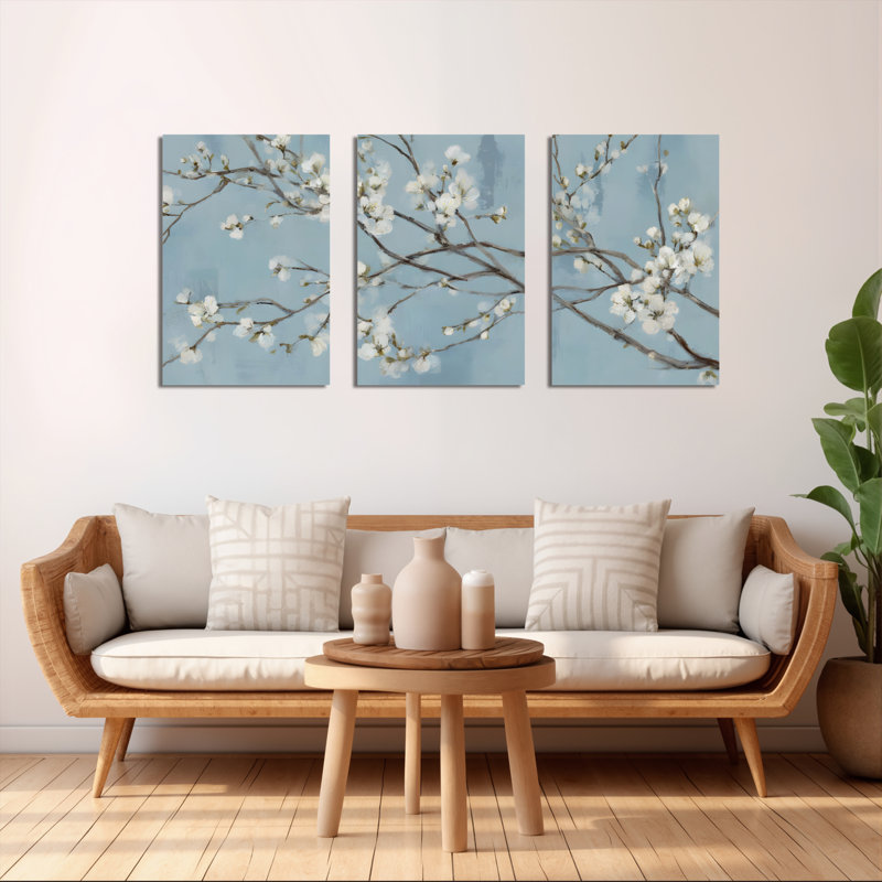"Cherry Blossom Branches", reproduction d'art sur toile tendue sur toile (ensemble de 3), H 36 po x l 72 po