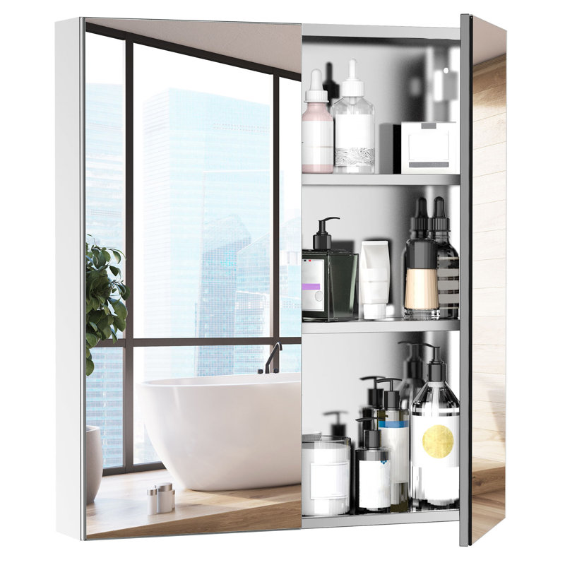 Bathroom Mirrored Cabinet, 24"X26" Stainless Steel Frame Medicine Cabinet, Wall-Mounted Storage Organizer With Double Doors, Silver