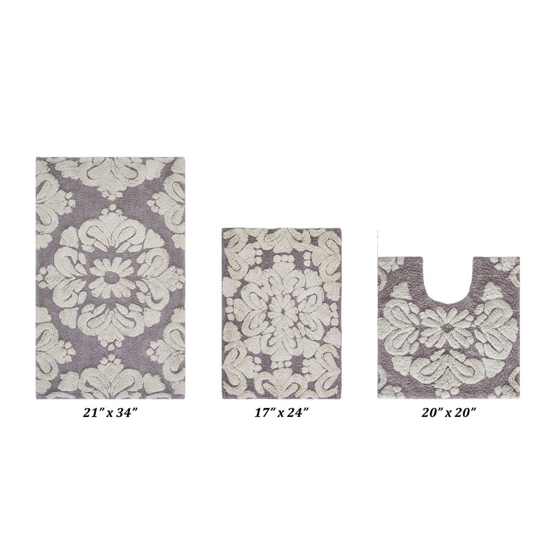 Chemash Premium-Quality 100% Cotton Super Absorbent Machine Washable 3 Piece Bathroom Rug Set, Gray