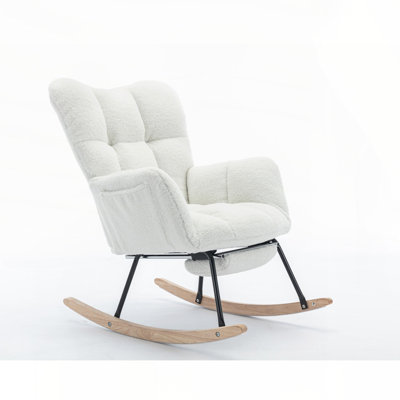 Teddy Fabric Leisure Rocking Chair With Adjustable Footstool,Nursery Rocking Chair, High Backrest, Storage Pocket On The Right Side,The Base Rocker Is Solid Wood And Metal,Ivory