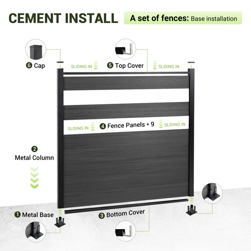 Panneau de clôture composite d'intimité H 6 pi x l 120 pi (20 panneaux) avec cadre en aluminium, facile à installer, Noir